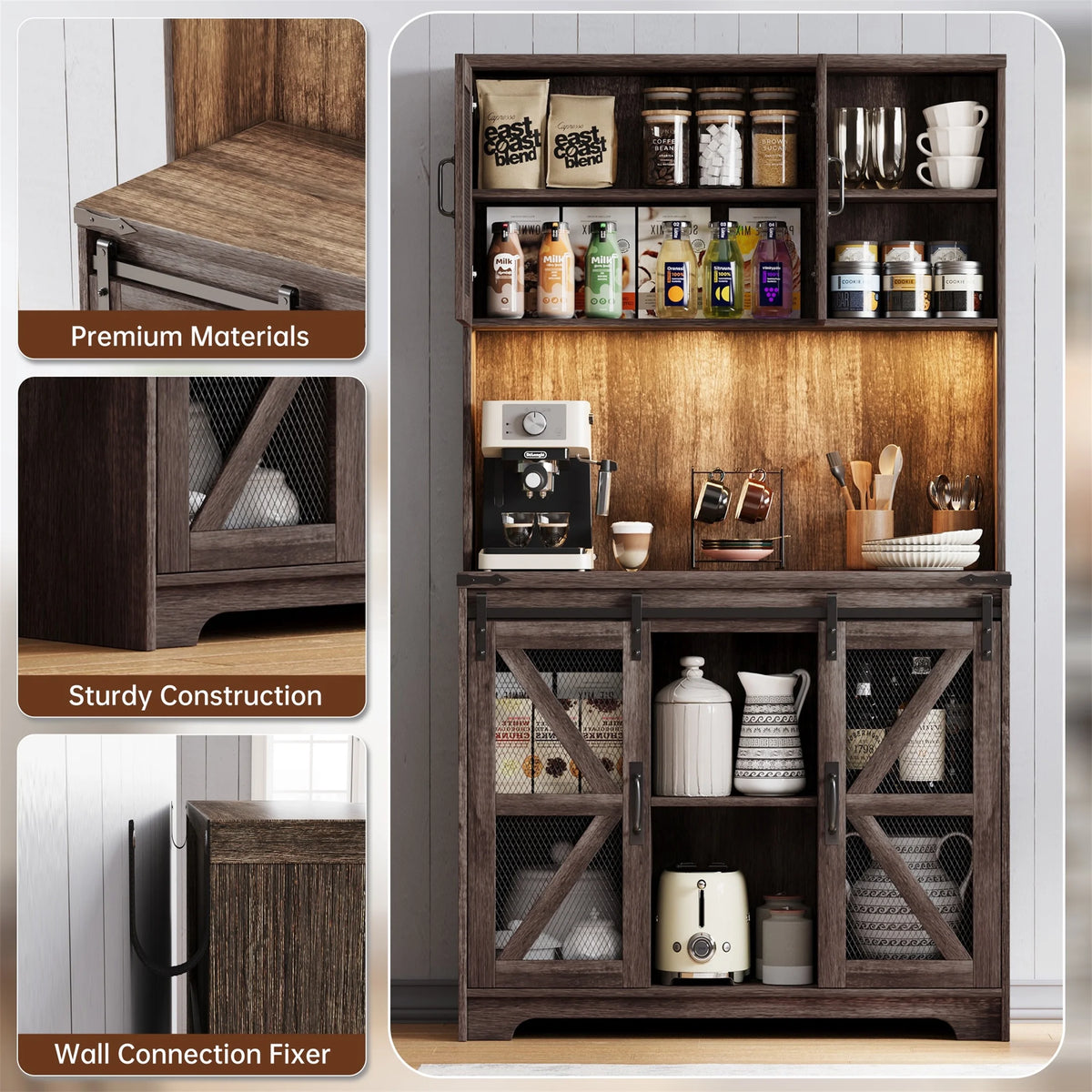 Planntonneo 71'' Tall Kitchen Pantry Storage Hutch Cabinet with Doors and Shelves, Grey Oak