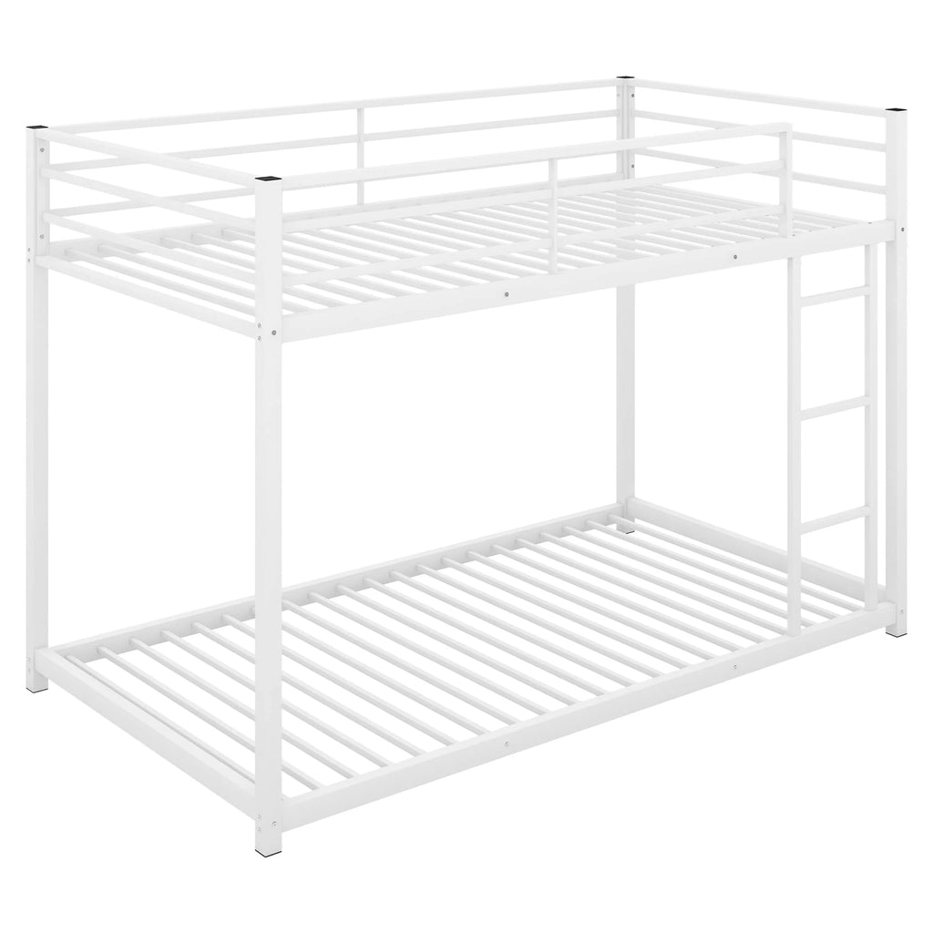 Twin Over Twin Metal Bunk Bed, Low Twin Bunk Bed with Safety Guardrail and Ladder, No Box Spring Needed, Steel Bunk Bed Platform Suitable for Girls Boys Teens, White
