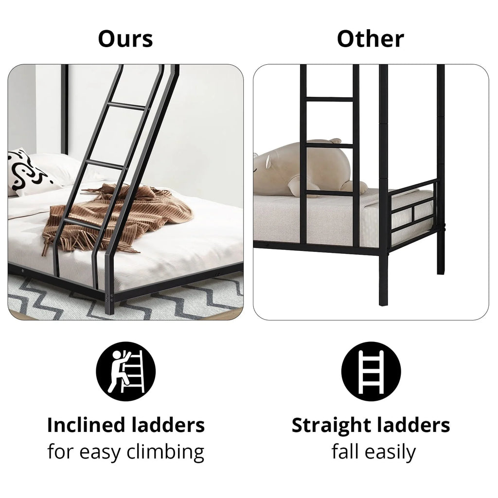 Twin Over Full Bunk Bed, Metal Bunk Bed Frame, Noise Free Floor Bunk Beds with Guardrails & Ladder for Kids Teens Adults, No Box Spring Needed, Black