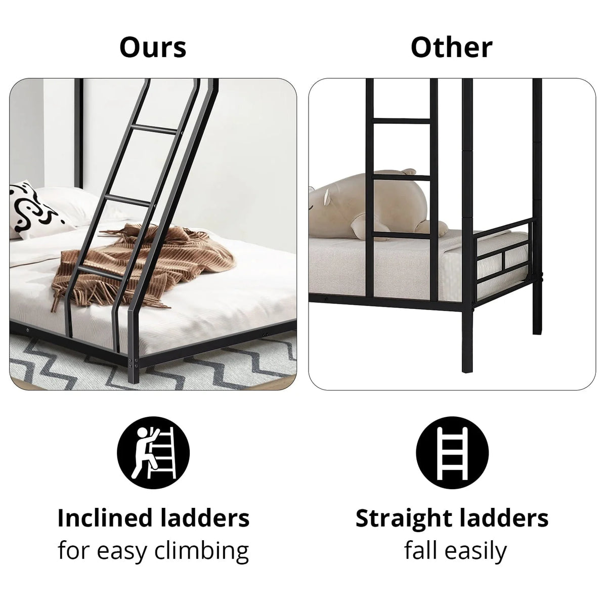 Twin Over Full Bunk Bed, Metal Bunk Bed Frame, Noise Free Floor Bunk Beds with Guardrails & Ladder for Kids Teens Adults, No Box Spring Needed, Black