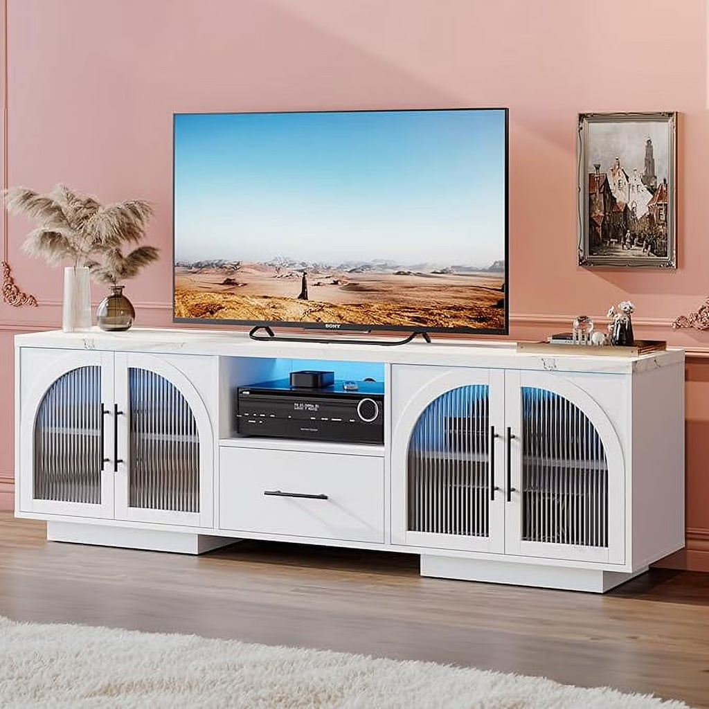 TV Stand for 75 in TV, LED TV Stand for Living Room, 70" Entertainment Center with Arched Glass Doors, Faux Marble Wood Finish Top, Adjustable Shelves, and LED Lighting, Black