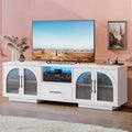 TV Stand for 75 in TV, LED TV Stand for Living Room, 70" Entertainment Center with Arched Glass Doors, Faux Marble Wood Finish Top, Adjustable Shelves, and LED Lighting, Black