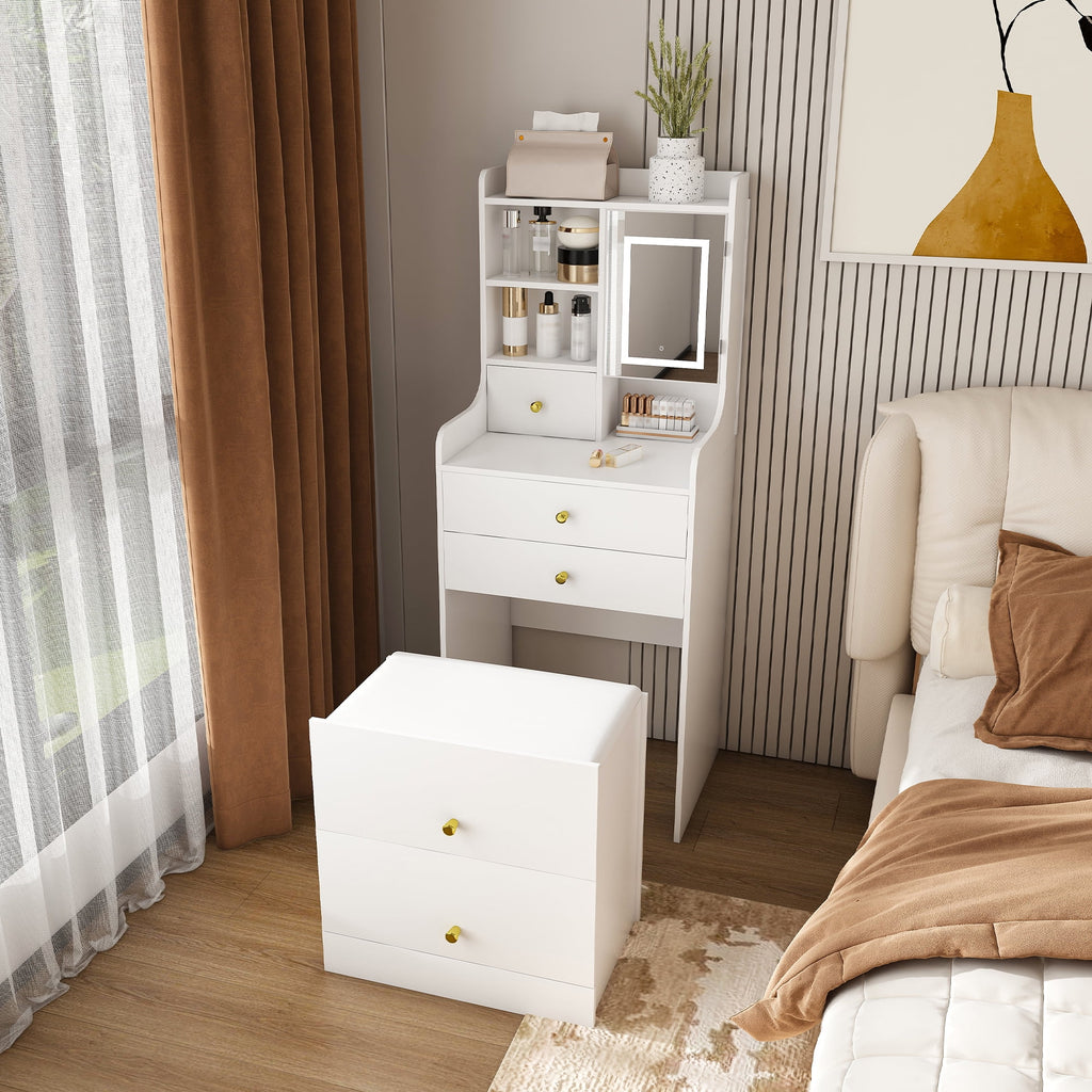 Montary Modern Mini Vanity W/Adjustable LED Mirror + Hidden Storage, Padded Stool & Dustproof Shelves (White)