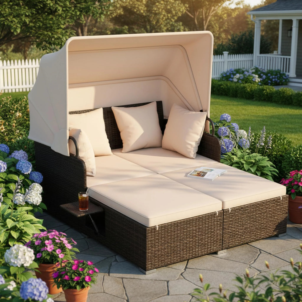 Tangkula Patio Rattan Daybed with Retractable Canopy