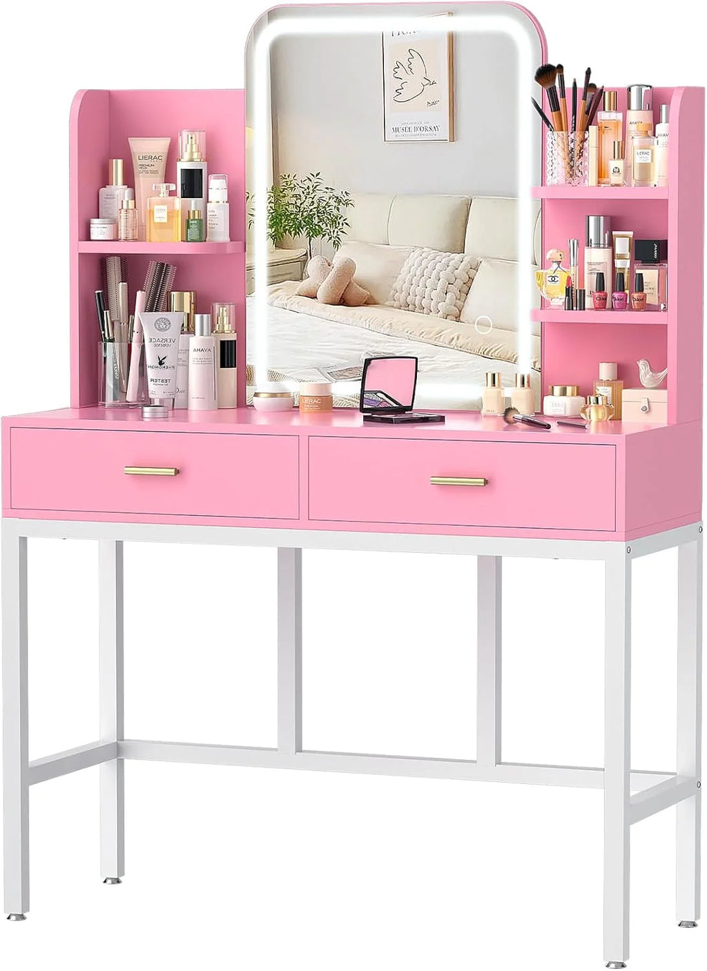 Makeup Vanity Desk with Lighted Mirror and 2 Drawers