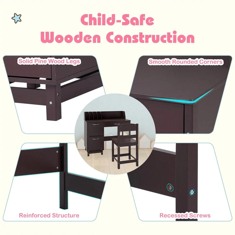 Wooden Kids Desk and Chair Set with Hutch, Storage Drawer & Cabinet, Children School Study Table Writing Computer Workstation for Ages 3-8