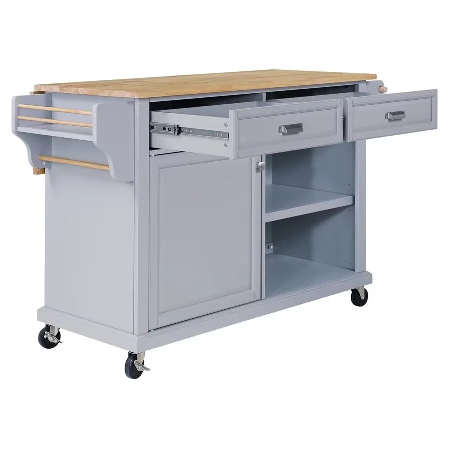 Rolling Kitchen Island with Storage, Utility Kitchen Trolley with Drop - Leaf Countertop, Mobile Kitchen Cart with 2 Drawers, 2 Cabinets and Adjustable Shelves for Dining Room, Kitchen