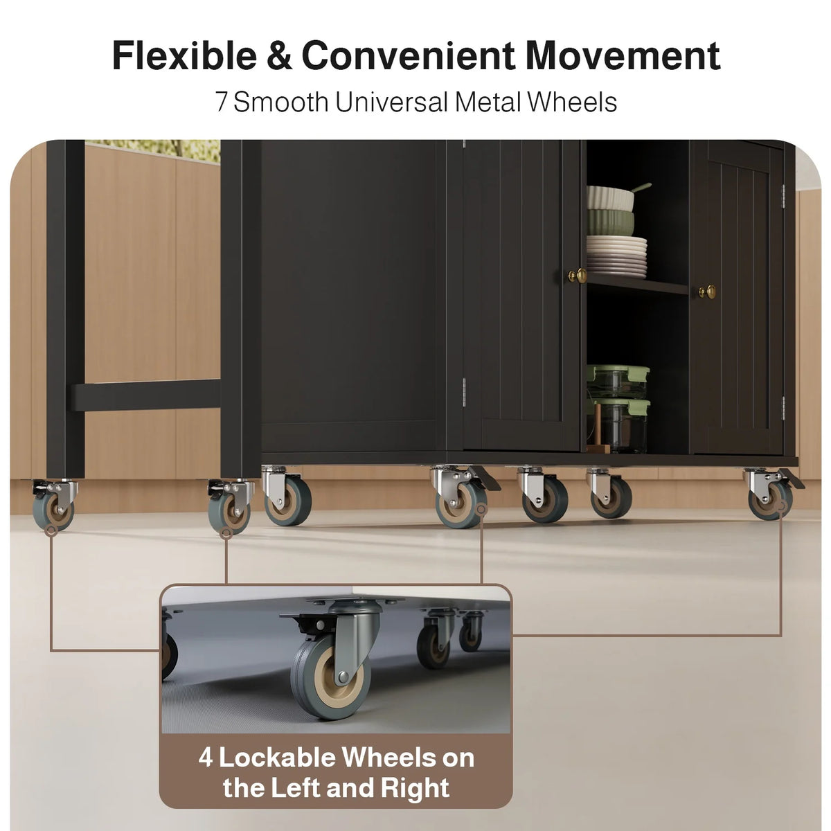 Noelse Rolling Kitchen Island with Drop Leaf Table and Hidden Trash Cabinet, Mobile Kitchen Cart with Storage Drawer, Adjustable Shelves & Rubberwood Countertop on Wheels, White