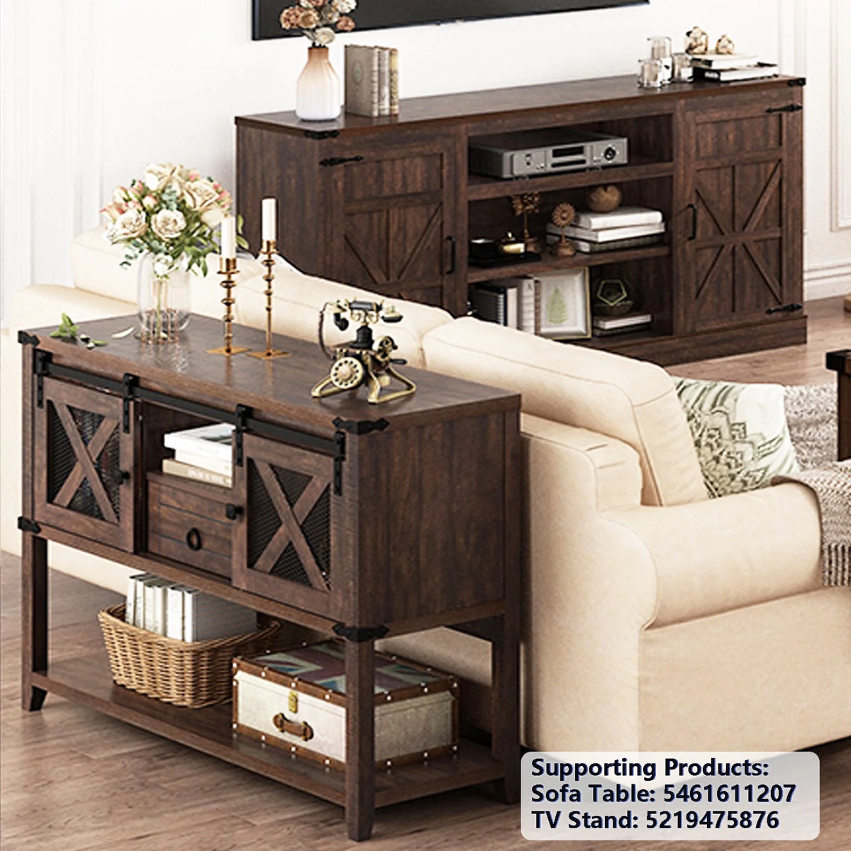 Chvans Farmhouse Barn Door TV Stand for up to 65" Tvs & 23" Electric Fireplace, Entertainment Center Console Table with Adjustable Shevles