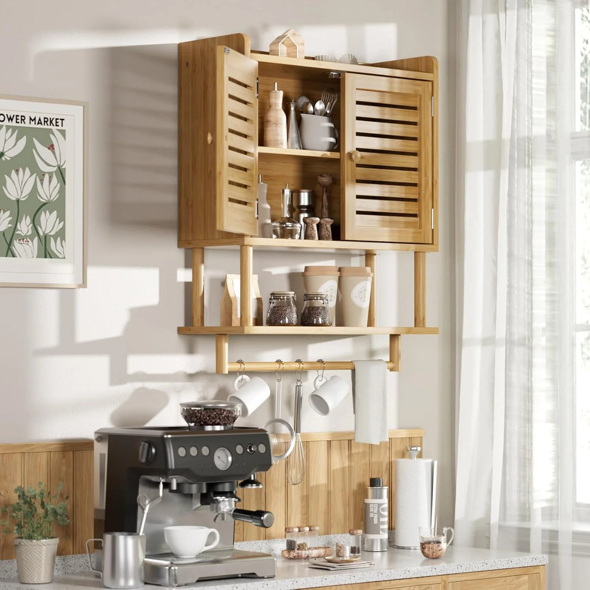 Wall-Mounted Bamboo Bathroom Cabinet with Towel Bar
