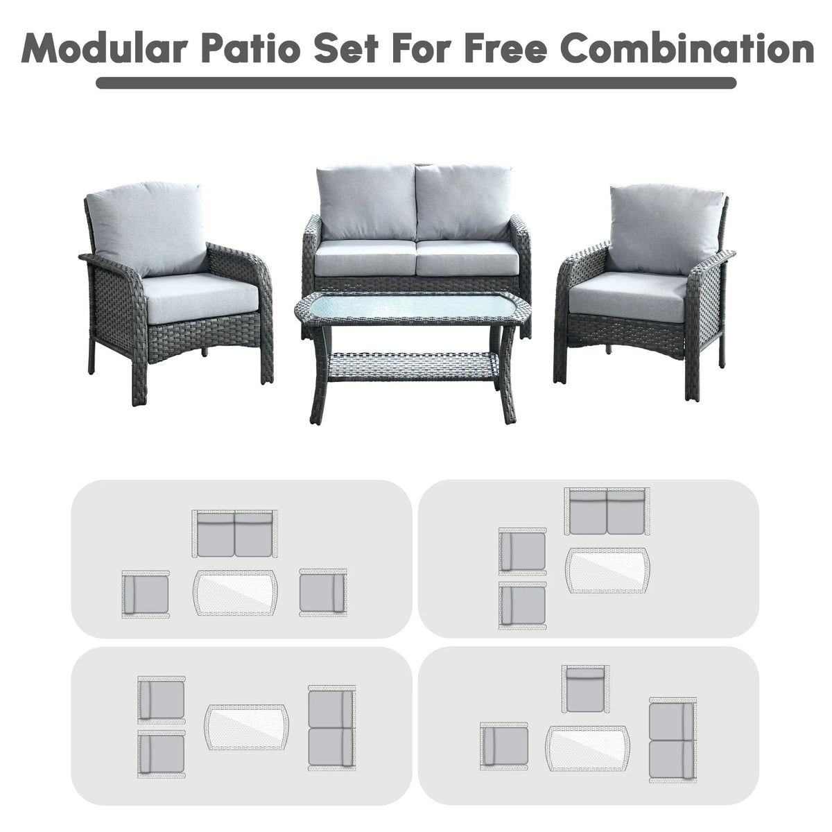Ovios 4 Pieces Wicker Outdoor Patio Furniture with Coffee Table High Back All-Weather Rattan Outdoor Sectional Conversation Set for Backyard Porch Garden, Denim Blue