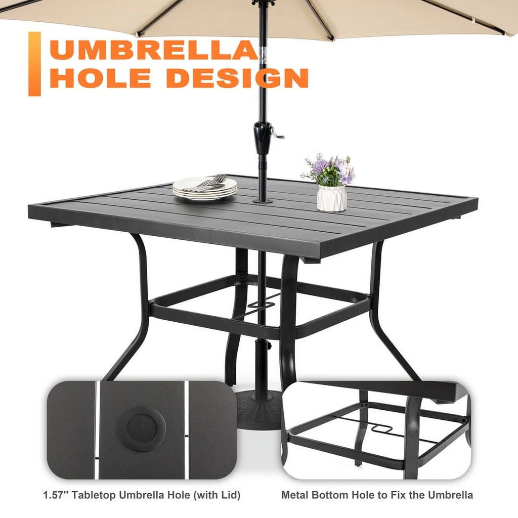 Nuu Garden 5 Piece Outdoor Patio Dining Set, Metal Patio Furniture Set 4 Textilene Swivel Chairs and 37" Square Iron Umbrella Dining Table, Black and Brown