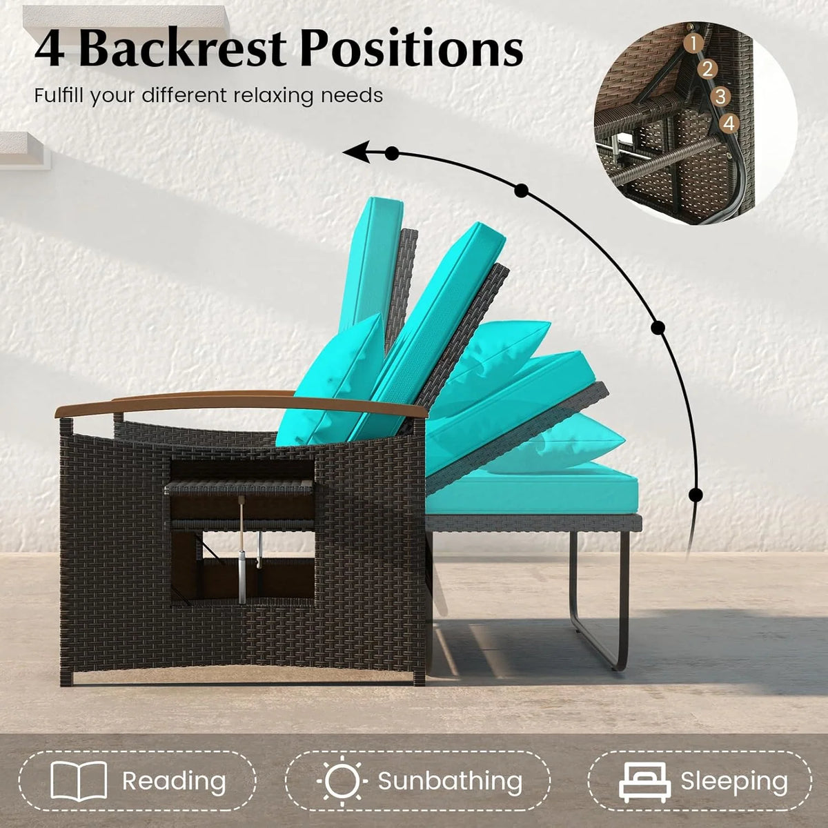 Outdoor Wicker Sofa Daybed with Adjustable Backrest and Storage Ottoman