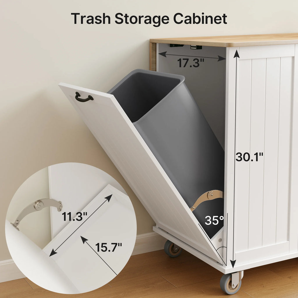 Noelse Rolling Kitchen Island with Drop Leaf Table and Hidden Trash Cabinet, Mobile Kitchen Cart with Storage Drawer, Adjustable Shelves & Rubberwood Countertop on Wheels, White