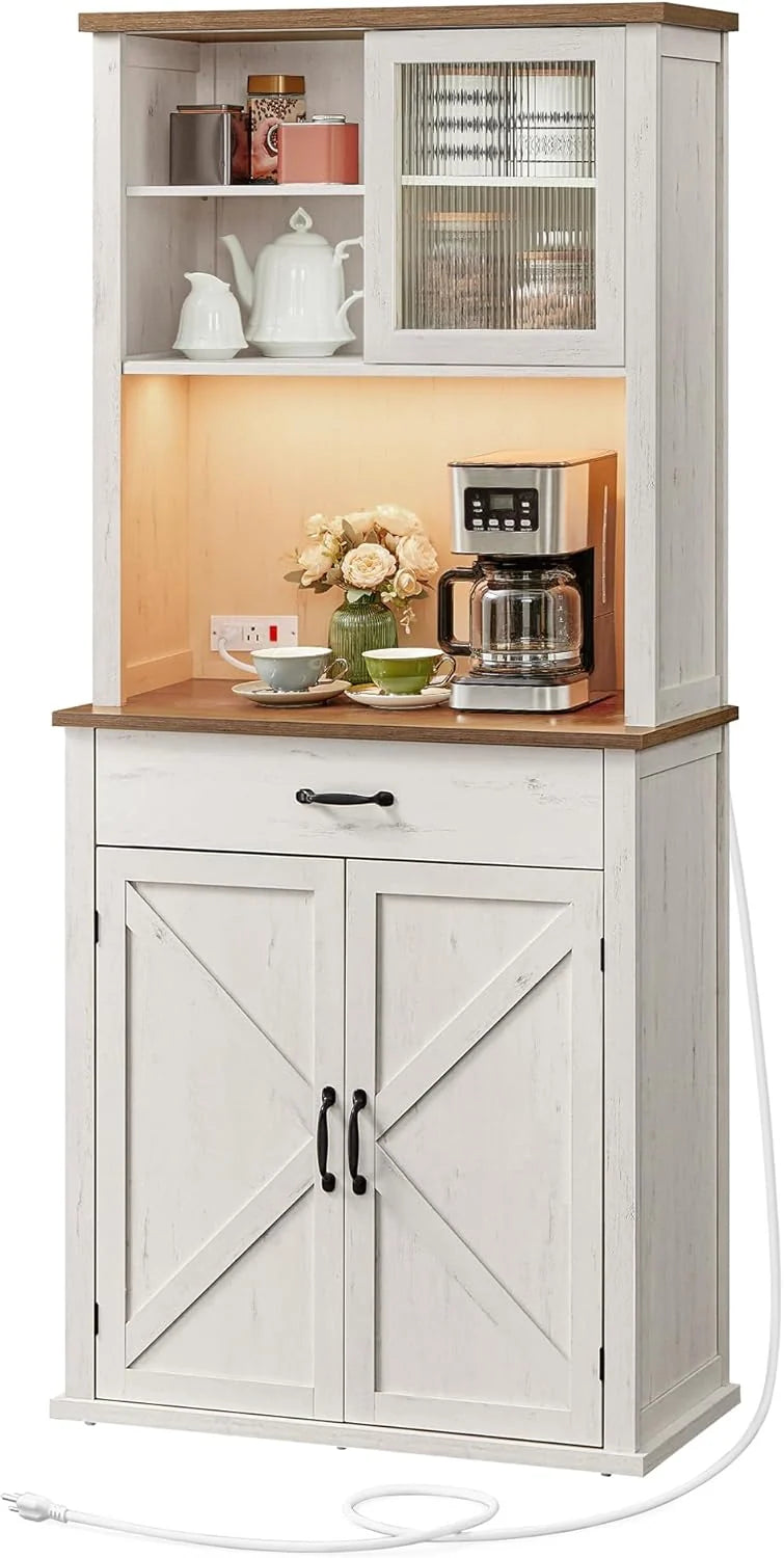 Pantry Cabinet with Lights and Charging Station, Rustic White