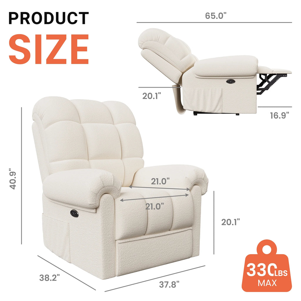 Power Recliner Chair, Electric Recline Sofa Chair for Adults with USB Port, Comfy Teddy Fleece Adjustable Cloud Sofa, Tool - Free Setup, Beige White