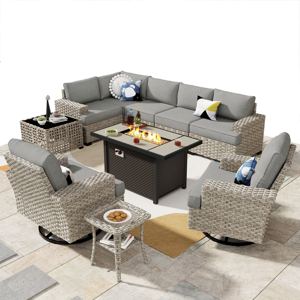 Ovios 10 Pieces Outdoor Patio Furniture Modern High - Back All - Weather Wicker Sectional Conversation Set with Propane Fire Pit Table & Swivel Chair, Dark Gray