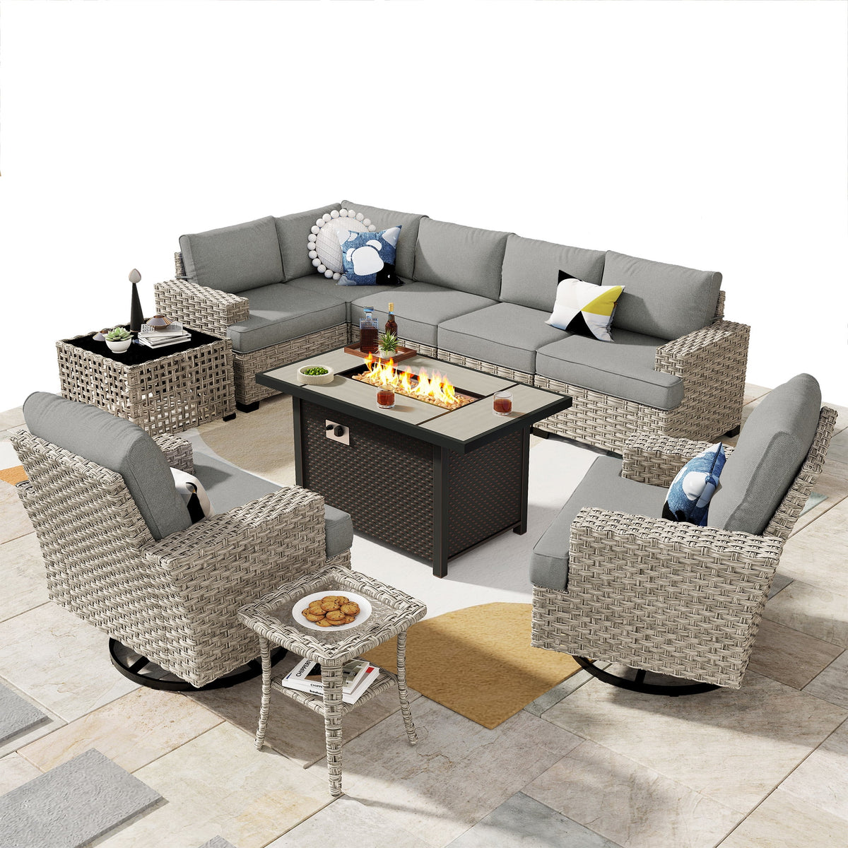 Ovios 10 Pieces Outdoor Patio Furniture Modern High - Back All - Weather Wicker Sectional Conversation Set with Propane Fire Pit Table & Swivel Chair, Dark Gray