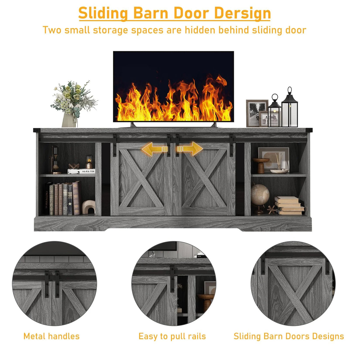 Chvans Farmhouse Barn Door TV Stand for up to 65" Tvs & 23" Electric Fireplace, Entertainment Center Console Table with Adjustable Shevles