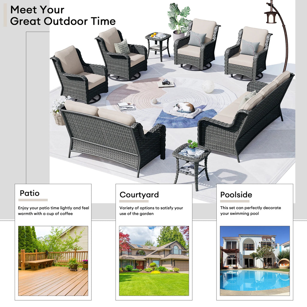 Ovios 8 - Piece Wicker Outdoor Sectional Patio Set with Swivel Chairs and Loveseat, Gray