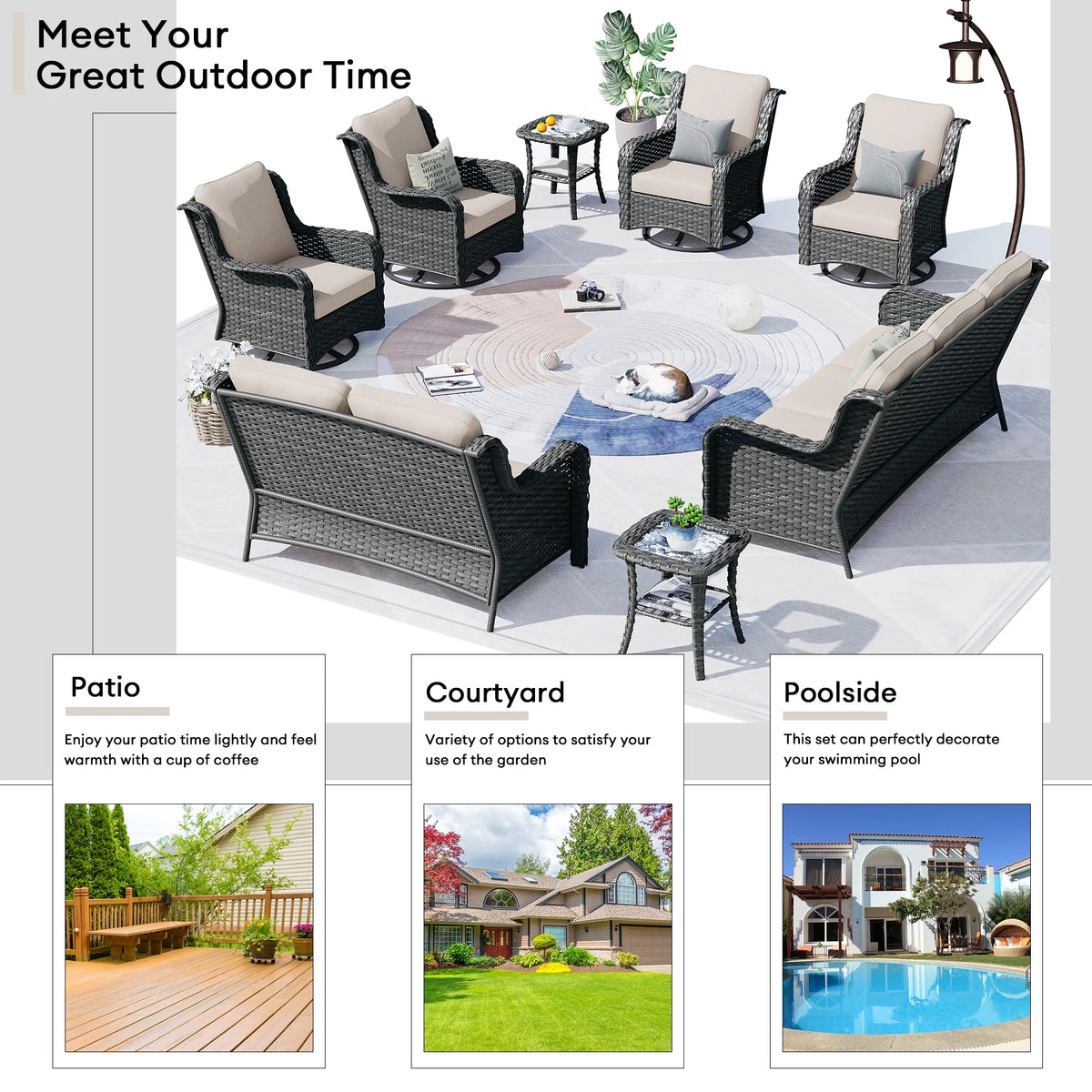 Ovios 8 - Piece Wicker Outdoor Sectional Patio Set with Swivel Chairs and Loveseat, Gray