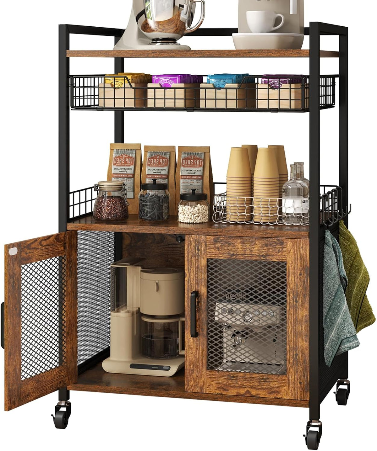 Rolling Coffee Bar Cabinet with Basket Drawer, Rustic Brown