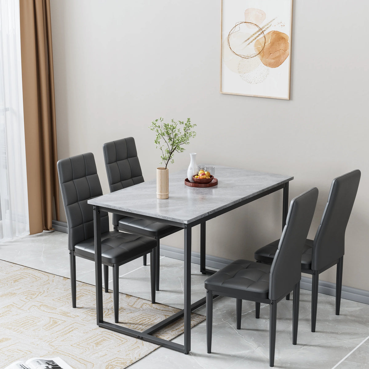 Seizeen Solid Wood Kitchen Table and Chairs, Dining Room Table Set for 4 with Gray Upholstered Chairs, Wood Grain Table Heavy - Duty Frame, Rustic Minimalist Style Breakfast Nook Set