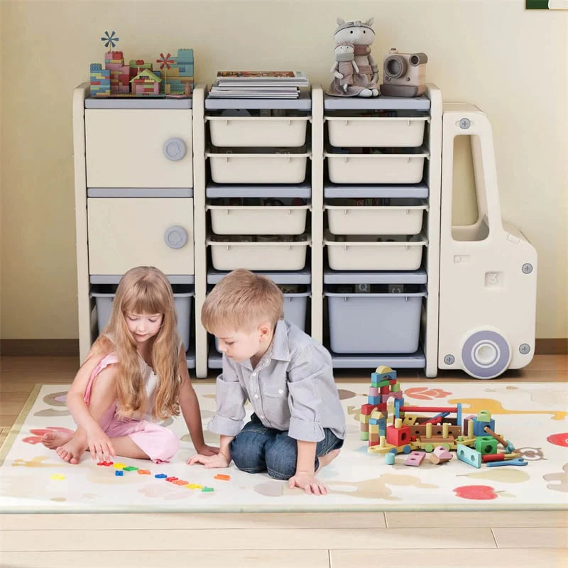 Truck-Shaped Kids Toy Storage Organizer with 11 Removable Bins, 2 Cabinets & Top Shelf, Toddler Bookshelf for Playroom & Kids Room