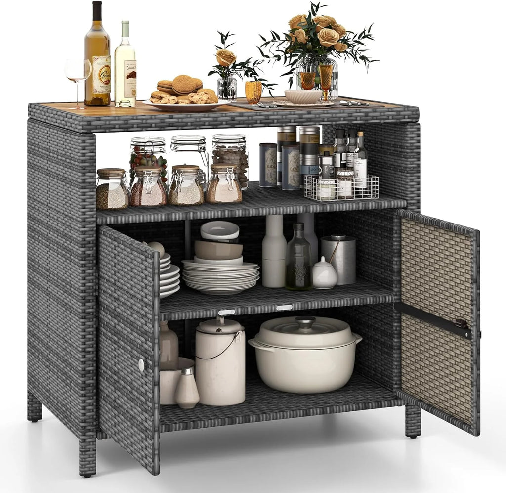Outdoor Rattan Storage Cabinet with Acacia Wood Top, Mixed Brown