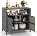Outdoor Rattan Storage Cabinet with Acacia Wood Top, Mixed Brown