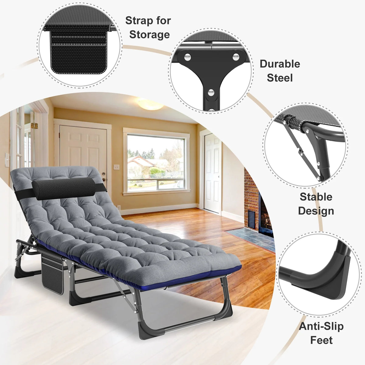 MOPHOTO Lounge Chair with Mattress, Outdoor Chaise Lounge Support 440 lb, Adjustable Portable Heavy Duty Sleeping Cots Bed for Camping, Pool, Beach, Patio