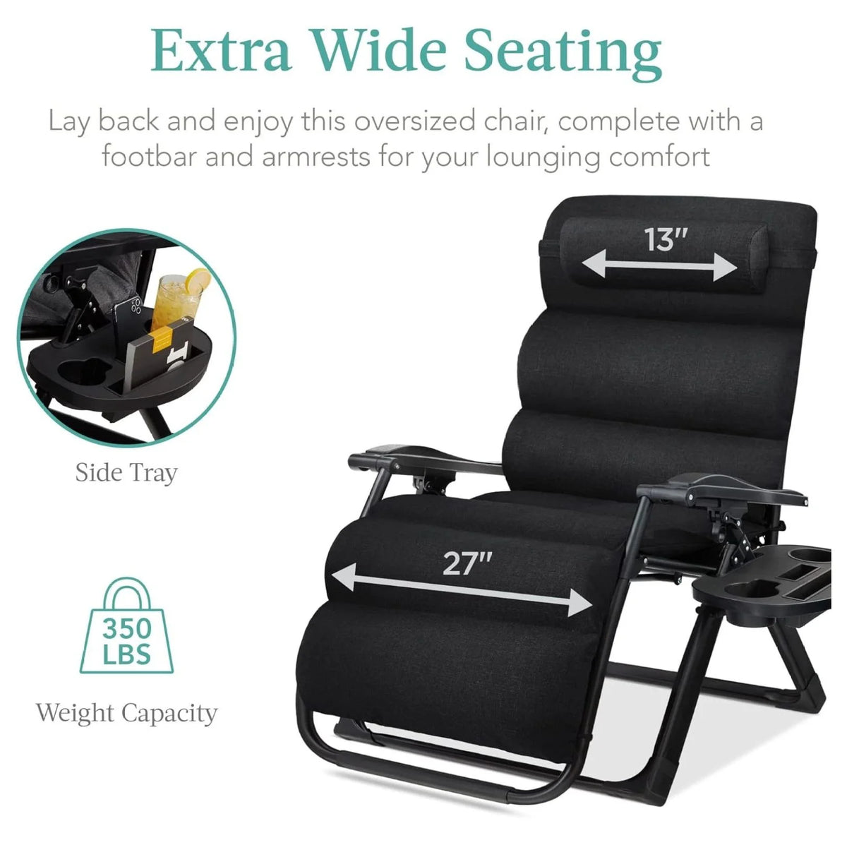 Oversized Chair, Folding Outdoor Patio Recliner, XL Anti Gravity Lounger W/Removable Cushion, Cup Holder, Side Tray, 350 lb Capacity - Taupe