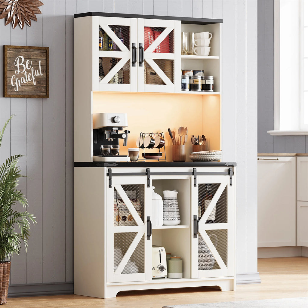 Planntonneo 71'' Tall Kitchen Pantry Storage Hutch Cabinet with Doors and Shelves, Grey Oak
