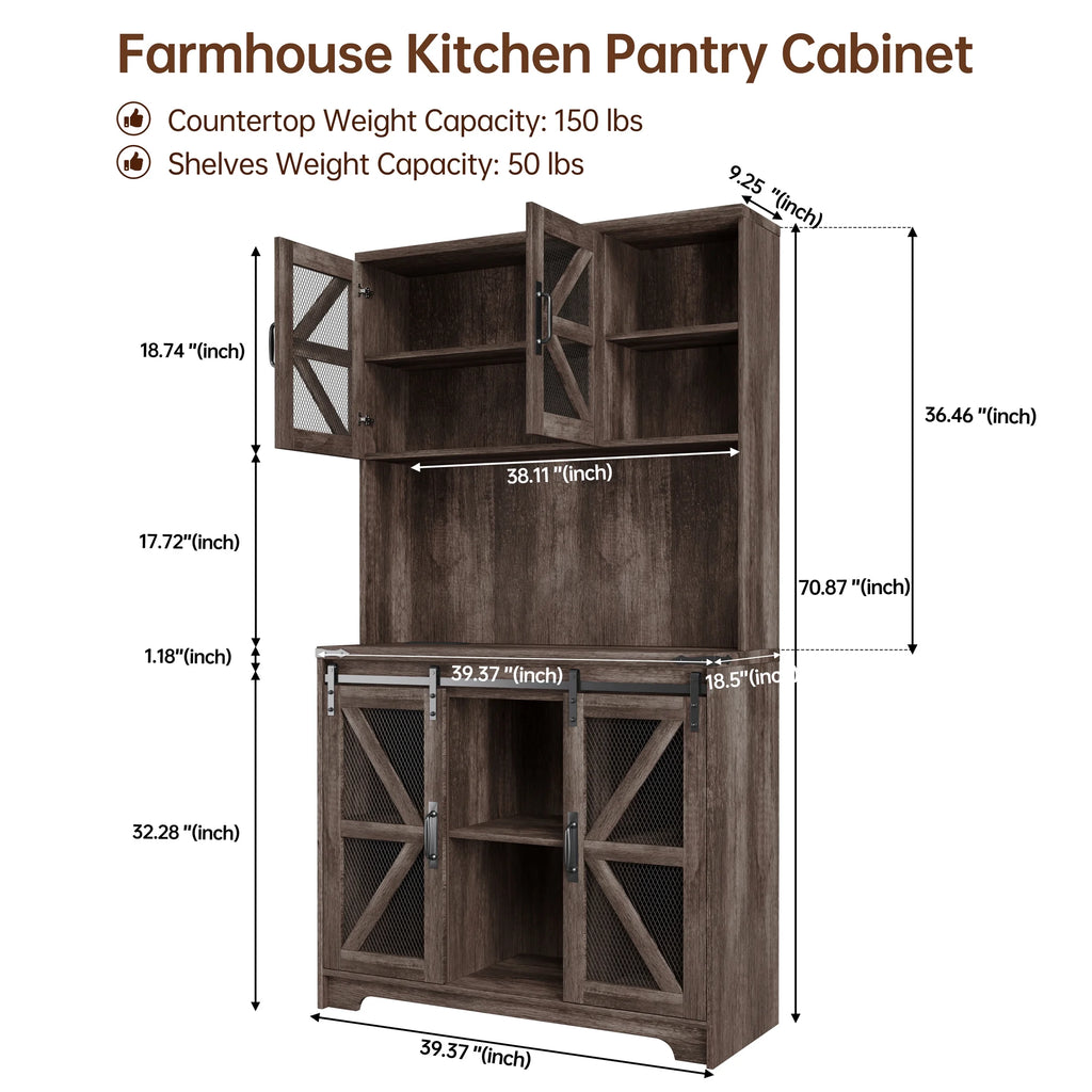 Planntonneo 71'' Tall Kitchen Pantry Storage Hutch Cabinet with Doors and Shelves, Grey Oak