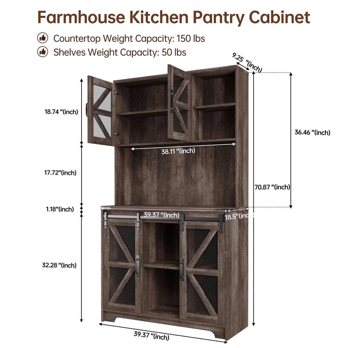 Planntonneo 71'' Tall Kitchen Pantry Storage Hutch Cabinet with Doors and Shelves, Grey Oak