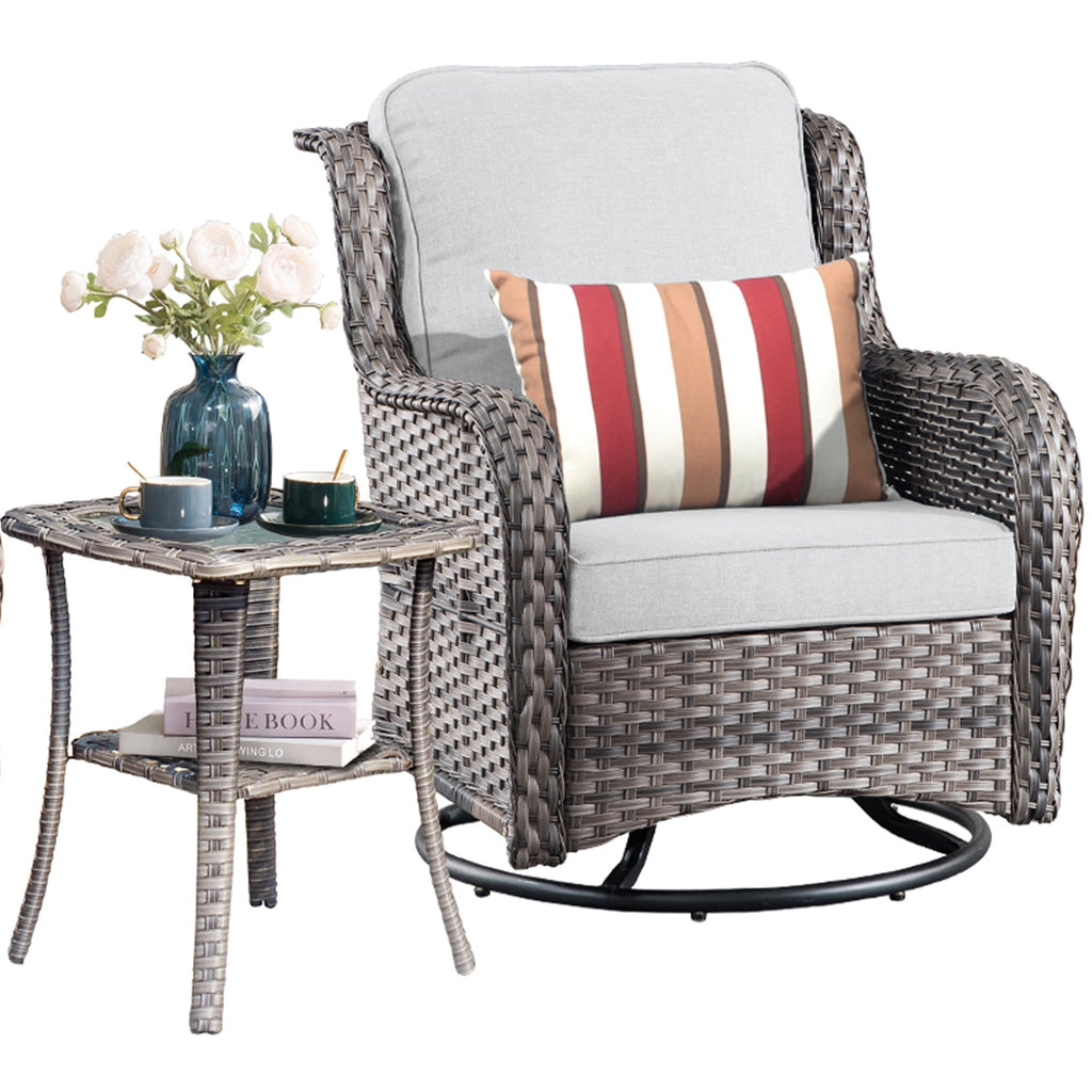Ovios 7 Piece Wicker Outdoor Patio Dining Set with Fire Pit Table, Grey