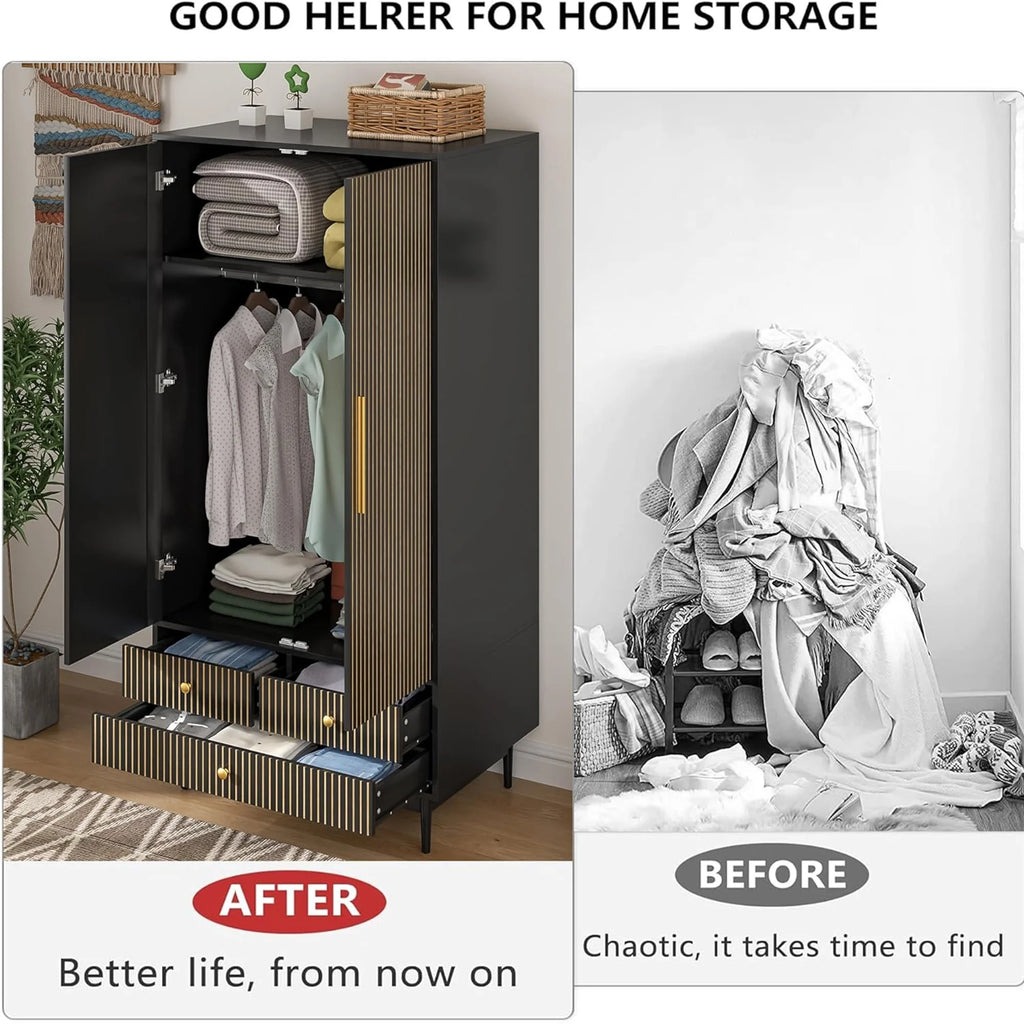 Oubayajia Wardrobe Armoire Closet, 2 Fluted Doors Wardrobe Cabinet with 3 - Drawer and Hanging Rod, Wood Wardrobe Storage for Bedroom