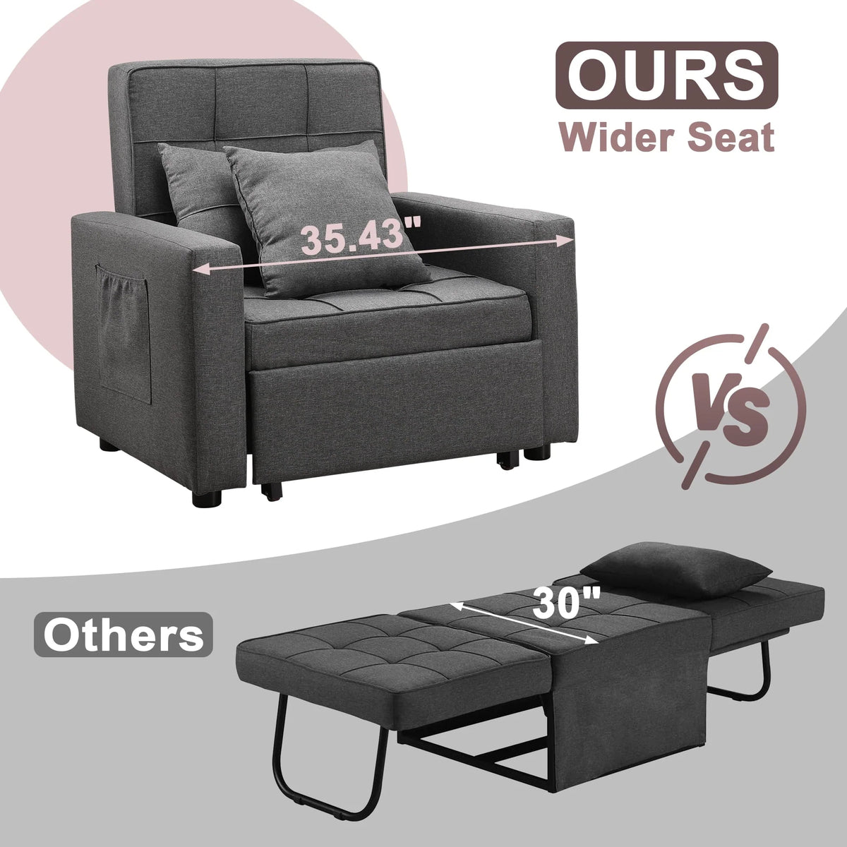 Tolead 3 - in - 1 Convertible Sofa Bed Sleeper Chair with Adjustable Backrest, Gray