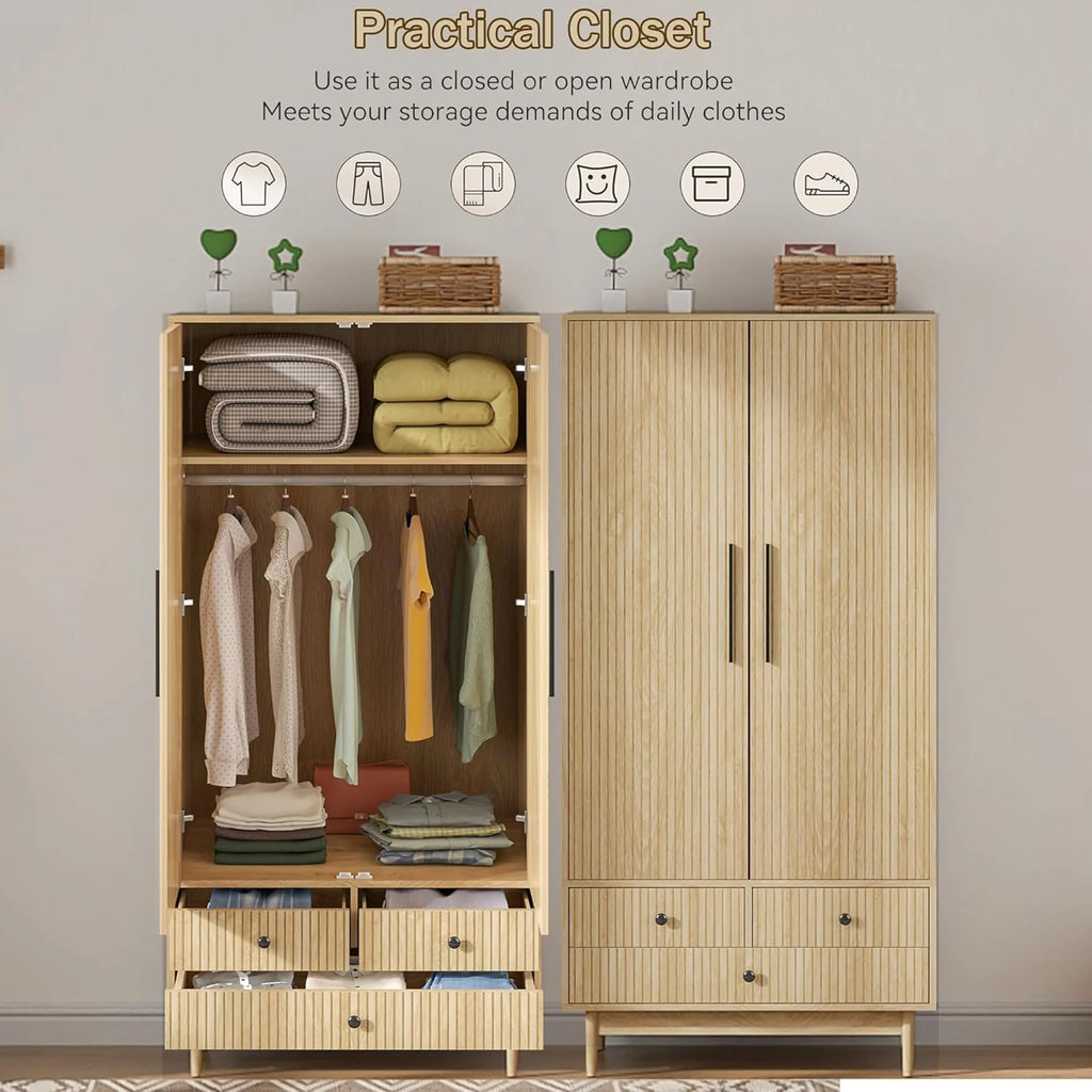 Oubayajia Wardrobe Armoire Closet, 2 Fluted Doors Wardrobe Cabinet with 3 - Drawer and Hanging Rod, Wood Wardrobe Storage for Bedroom