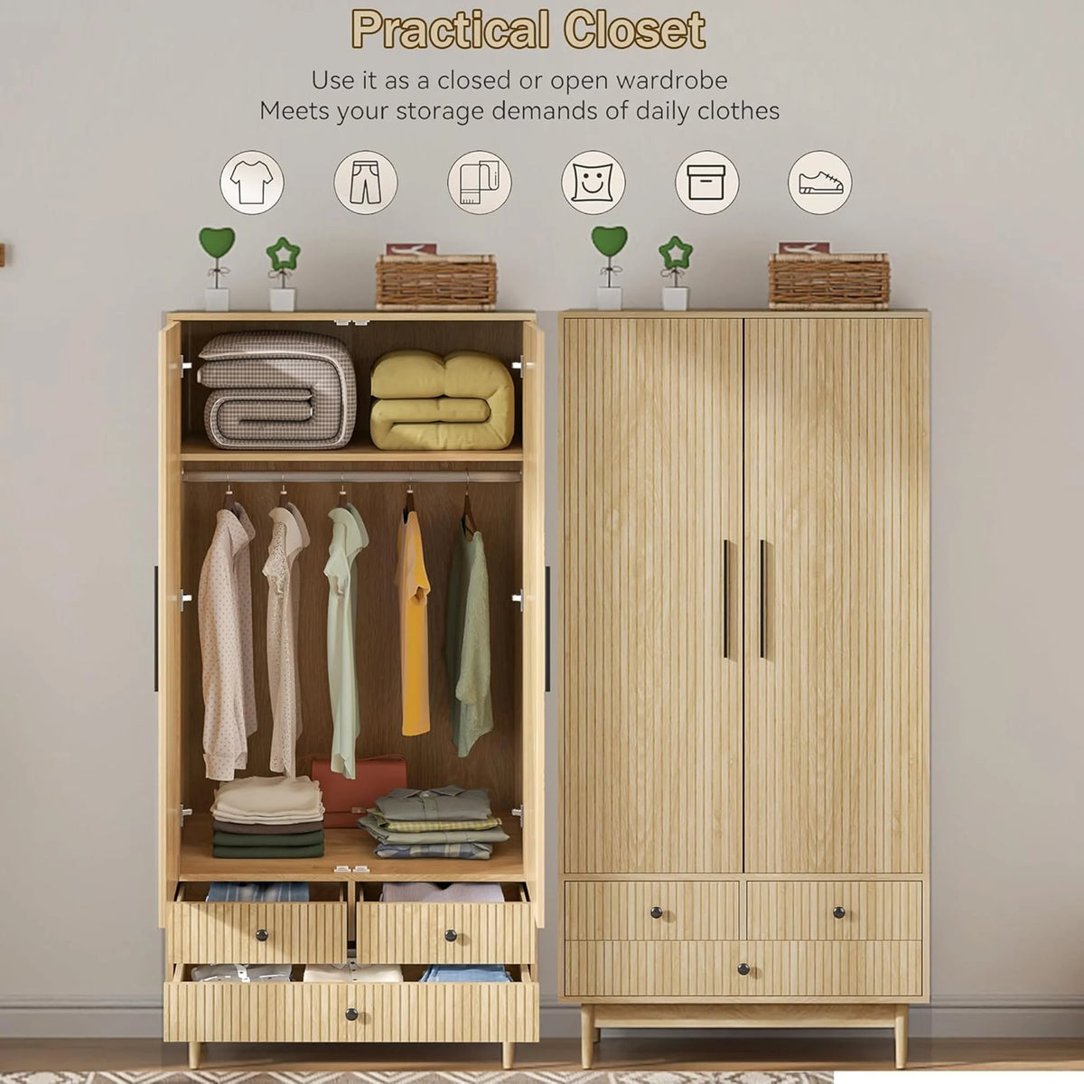Oubayajia Wardrobe Armoire Closet, 2 Fluted Doors Wardrobe Cabinet with 3 - Drawer and Hanging Rod, Wood Wardrobe Storage for Bedroom