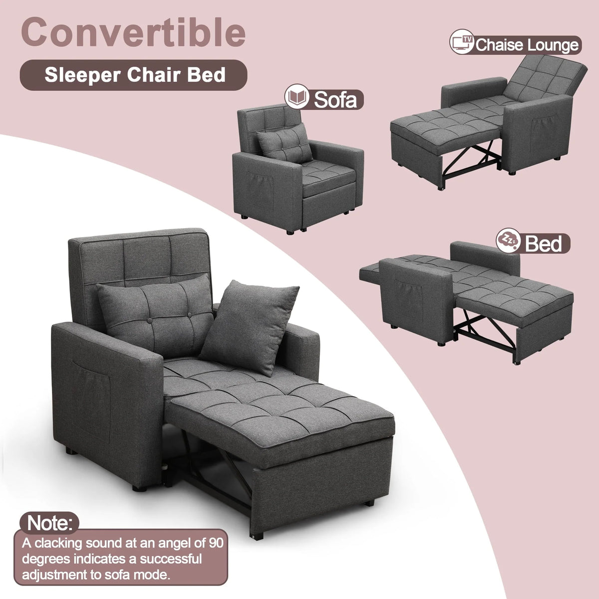 Tolead 3 - in - 1 Convertible Sofa Bed Sleeper Chair with Adjustable Backrest, Gray