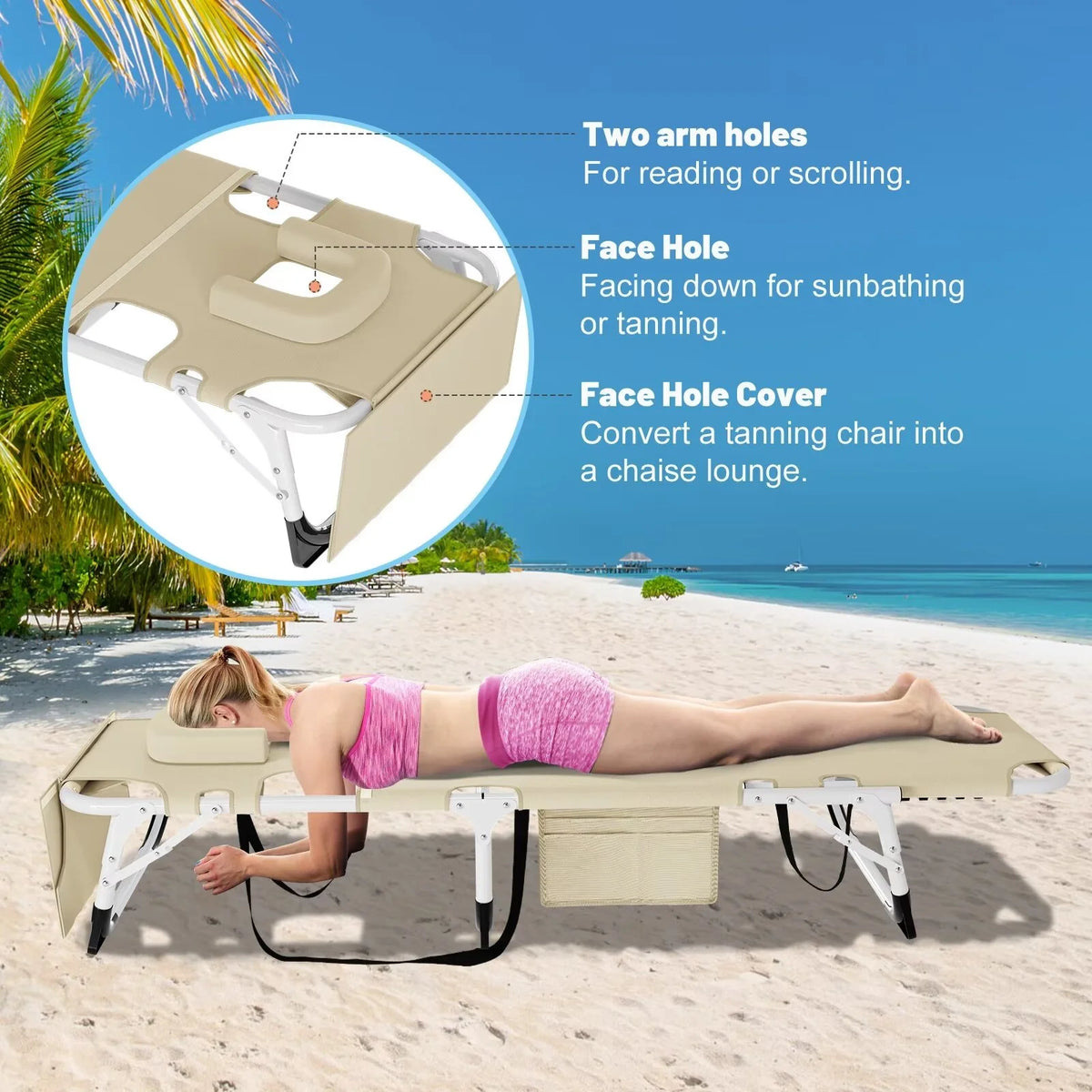 MOPHOTO Lounge Chair with Mattress, Outdoor Chaise Lounge Support 440 lb, Adjustable Portable Heavy Duty Sleeping Cots Bed for Camping, Pool, Beach, Patio