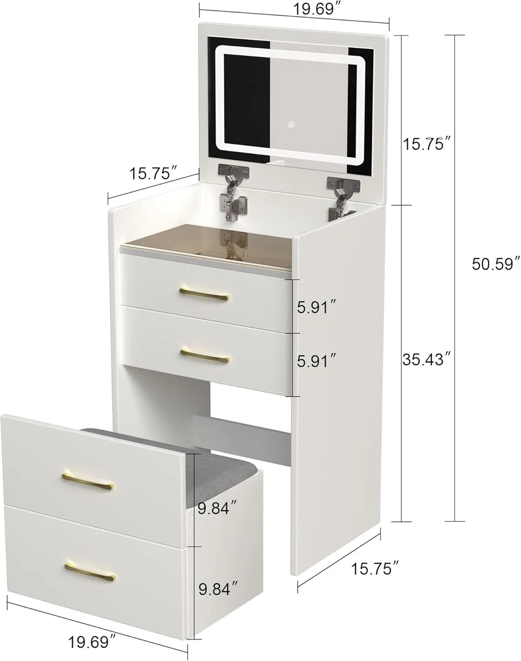 Montary Modern Mini Vanity W/Adjustable LED Mirror + Hidden Storage, Padded Stool & Dustproof Shelves (White)