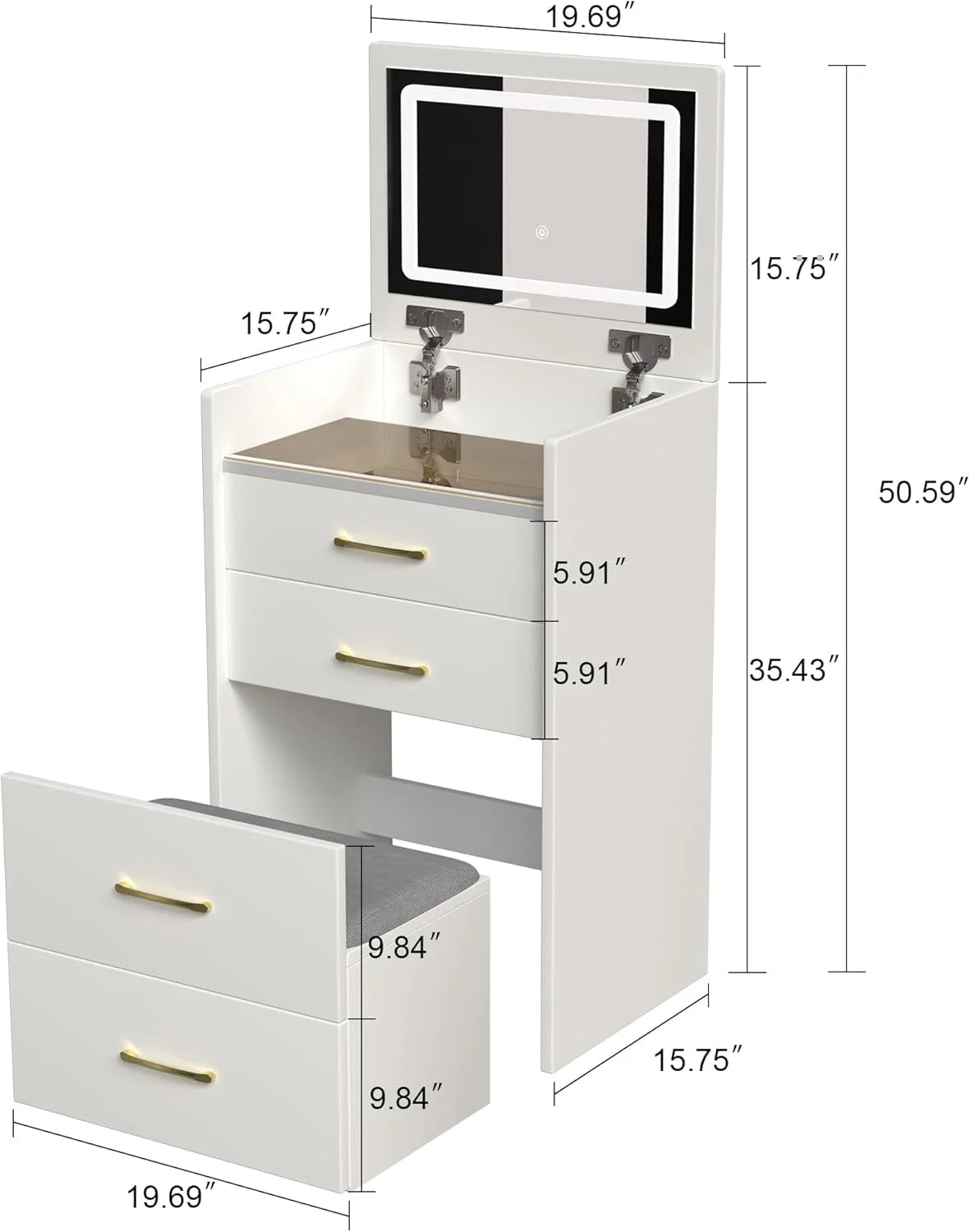 Montary Modern Mini Vanity W/Adjustable LED Mirror + Hidden Storage, Padded Stool & Dustproof Shelves (White)
