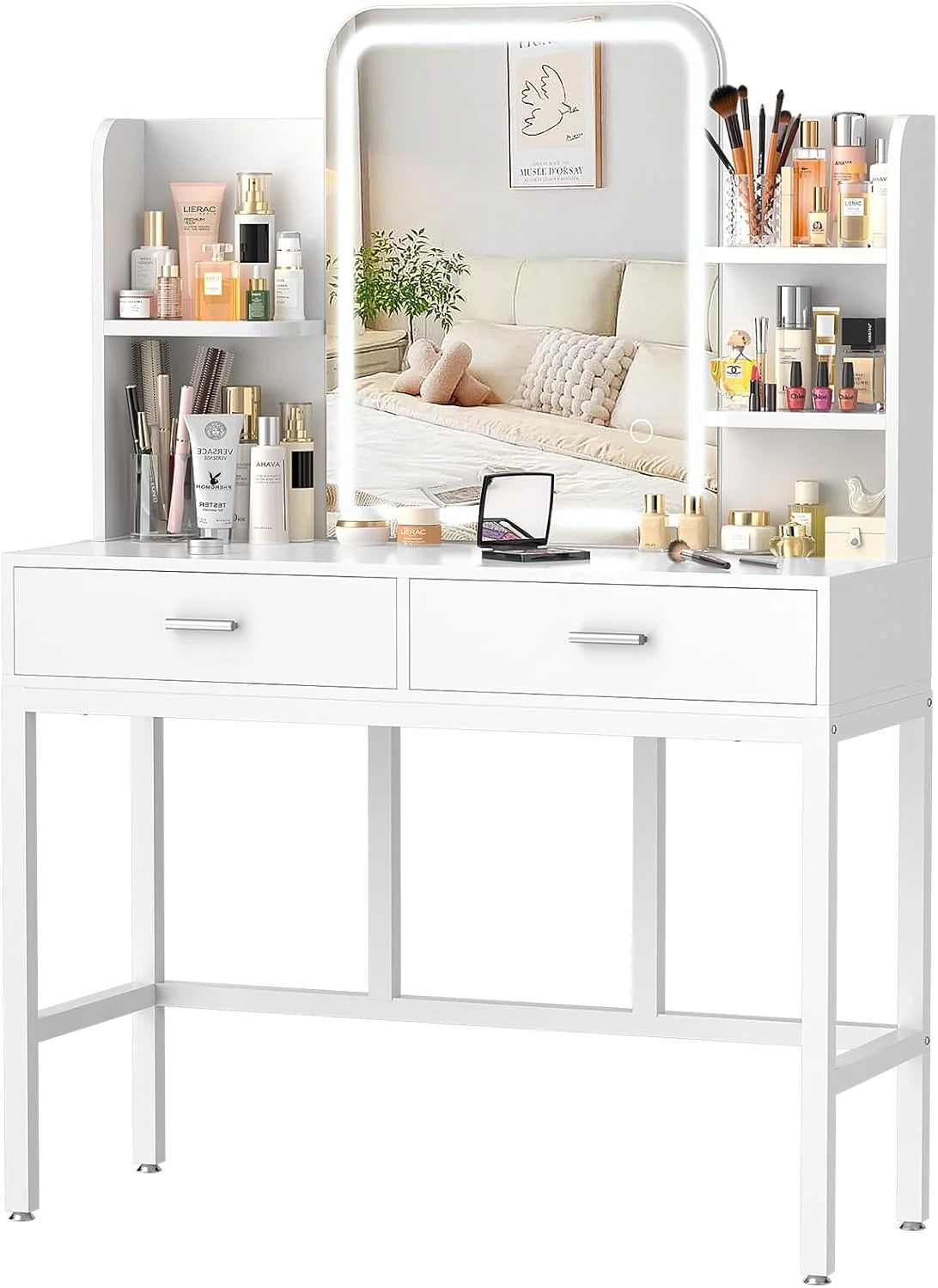 Makeup Vanity Desk with Lighted Mirror and 2 Drawers