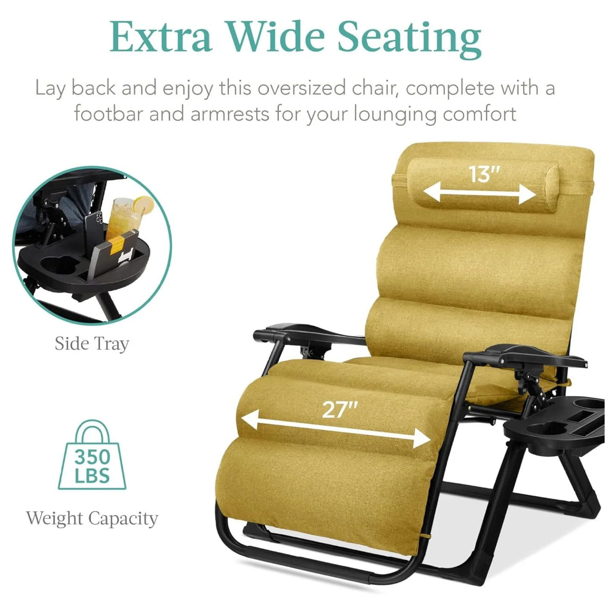 Oversized Chair, Folding Outdoor Patio Recliner, XL Anti Gravity Lounger W/Removable Cushion, Cup Holder, Side Tray, 350 lb Capacity - Taupe