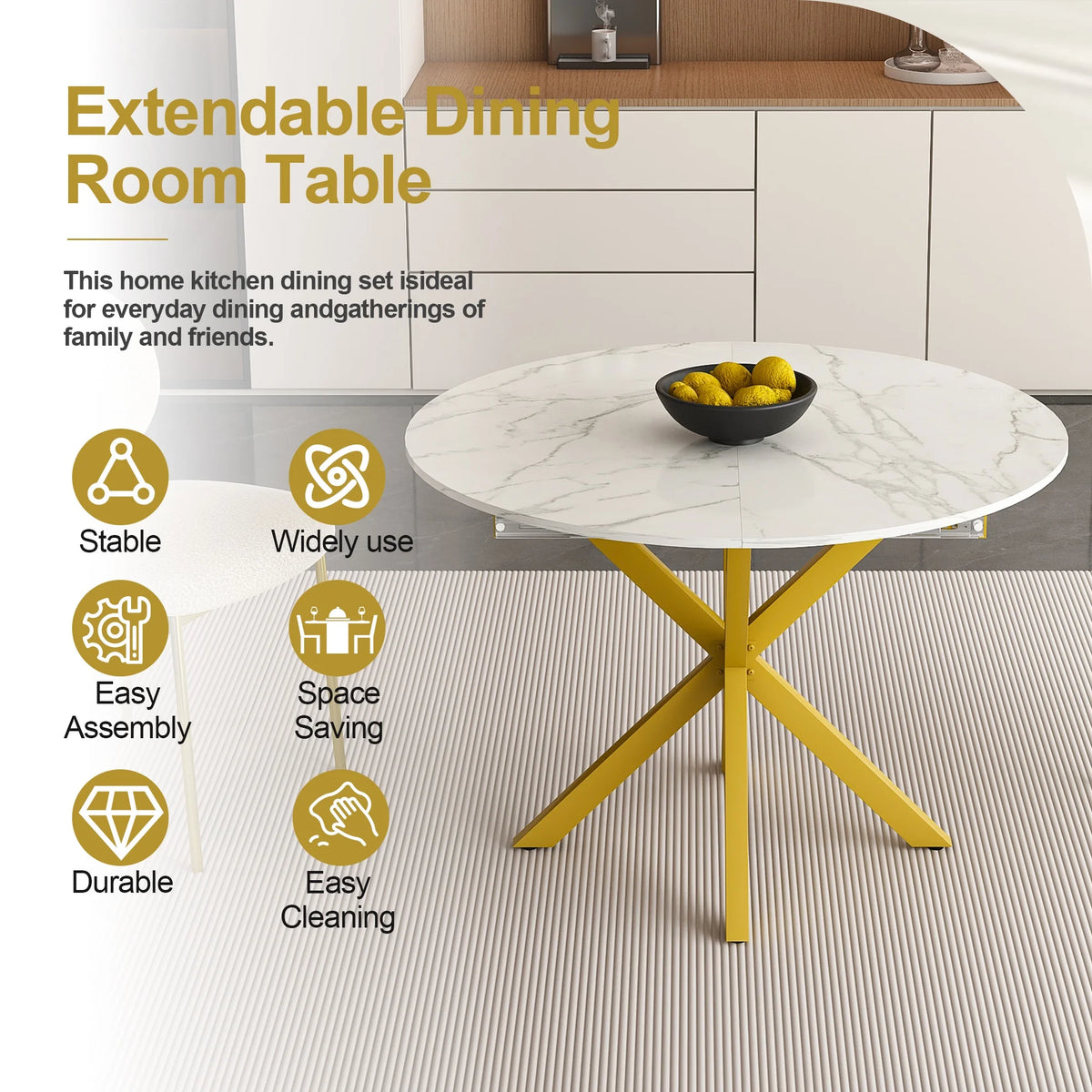UHOMEPRO Extendable Dining Table with Extendable Blades, Modern Round Kitchen Table with Faux Marble Tabletop, Single Dining Room Table with Carbon Steel X - Shaped Base for Dining Room, White+Gold