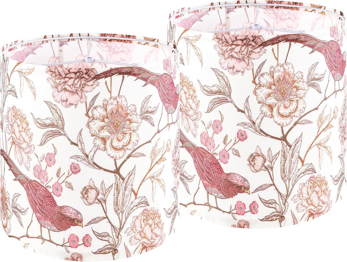 Shadevie Pink Floral Bird Print Drum Lamp Shade – for Table Lamps