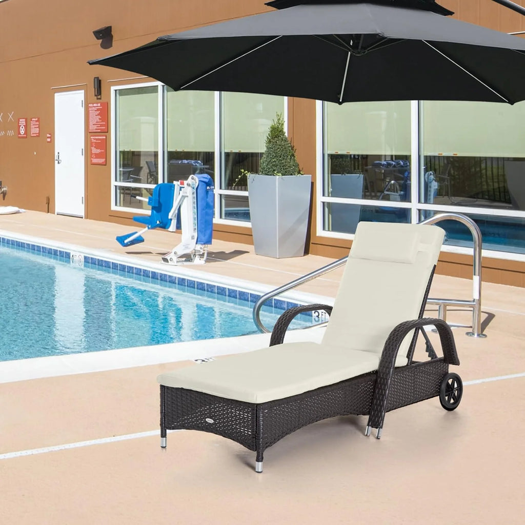 Outdoor Wicker Chaise Lounge with Adjustable Backrest and Wheels