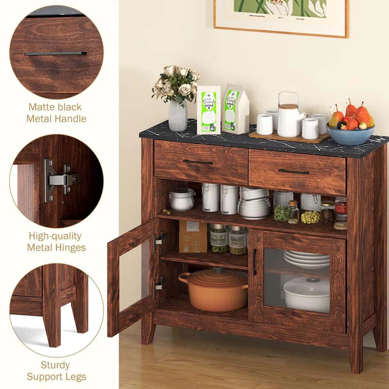 Sideboard Buffet Cabinet, Coffee Bar Cabinet with 2 Drawers, Faux Marble Top, Kitchen Storage Cabinet for Living Room Entryway